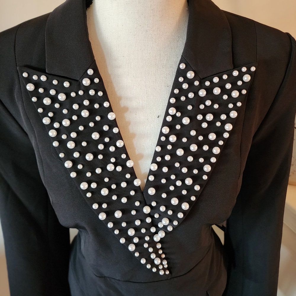 Karl Lagerfeld Pearl Embellished Tuxedo Collar Dress - Picture 9 of 14